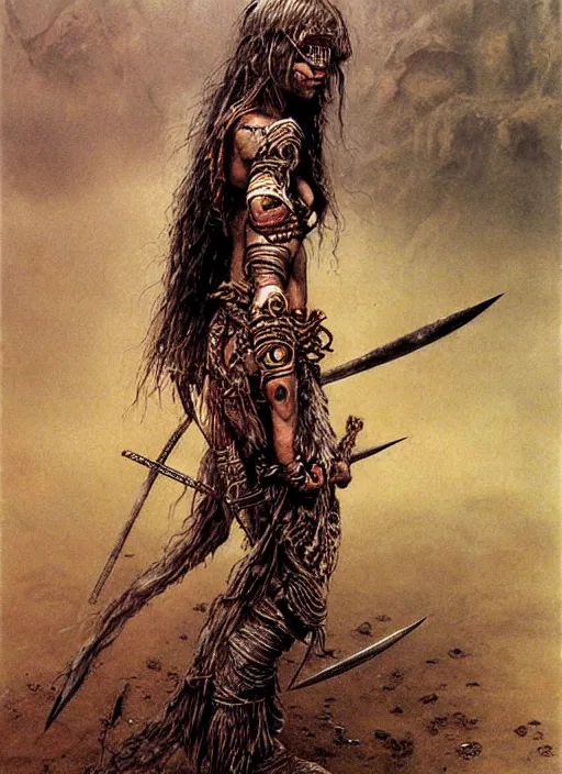 Prompt: barbarian warrior girl in tribal painting by Beksinski and Luis Royo