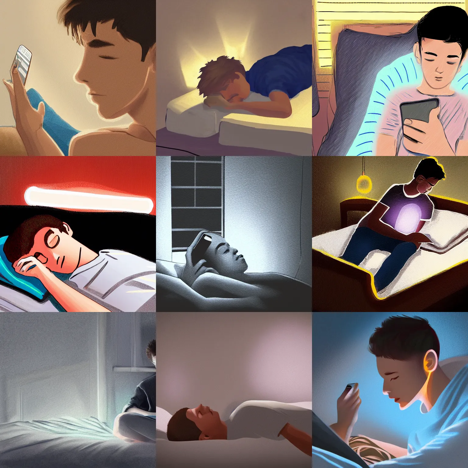 Prompt: a far away photo of a 1 6 - year - old boy laying in his bed with the lights turned off, his covers on looking at phone while the light from his phone shows his face, digital art