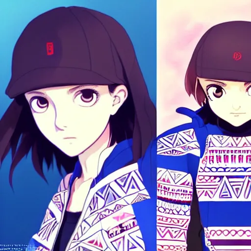 Image similar to a beautiful! boyish! natalie portman alluring gravure! model, wearing oversized aztec bomber jacket and leotard, poofy bomber jacket with mayan patterns, gapmoe yandere grimdark, trending on pixiv fanbox, painted by greg rutkowski makoto shinkai takashi takeuchi studio ghibli, akihiko yoshida