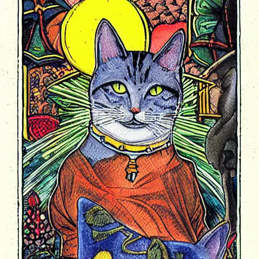 Prompt: detailed art tarot card with cat