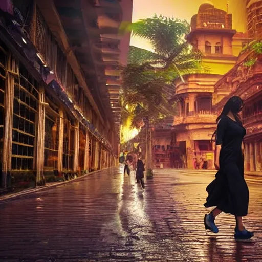 Prompt: Extremely beautiful Naturalist woman walks down the streets of Mumbai, vivid, detailed, cinematic lighting, volumetric lighting, detailed render