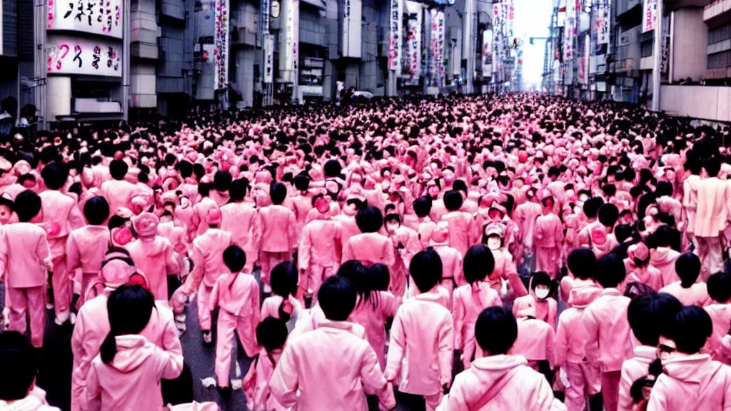 Prompt: a parade on the streets Tokyo everyone is dressed in pink and wearing pig masks, film still from the an anime directed by Katsuhiro Otomo with art direction by Salvador Dalí, wide lens