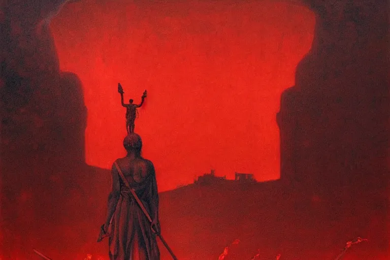 Image similar to only with red, a red melted apollo with a laurel wreath and a flaming sword announce the win, athens in the background, in the style of beksinski, part by hopper, part by rodcenko, part by hofbauer, intricate composition, red by caravaggio, insanely quality, highly detailed, masterpiece, red light, artstation