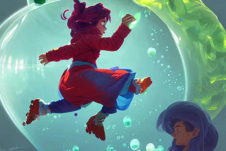 Image similar to madeline from celeste jumping into a green jelly bubble wearing a blue bubble jacket has a red long hair, highly detailed, digital painting, artstation, concept art, sharp focus, illustration, art by greg rutkowski and alphonse mucha