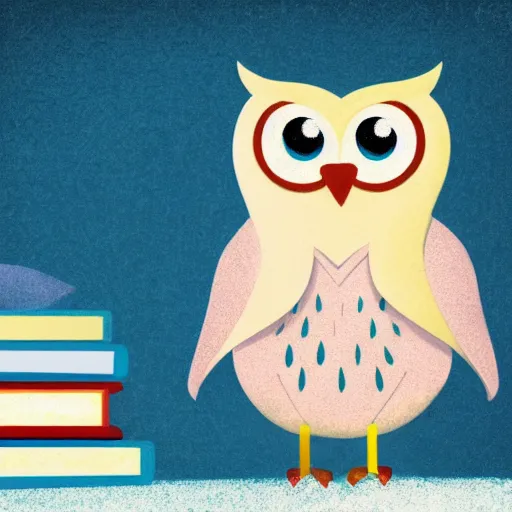 Image similar to a cute pastel owl holding a stack of books, realistic portrait