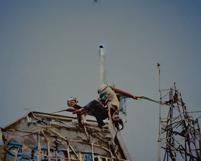 Image similar to lomo photo of roofjumpers climbing on roof of soviet hrushevka, small town, cinestill, bokeh, out of focus