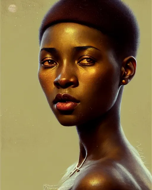 Image similar to african woman with short buzz hair, brown eyes, beautiful girl, close up portrait, moonlight, highkey, realistic, serov, surikov, vasnetsov, repin, kramskoi, paint texture, low aperature, insanely detailed, charlie bowater, tom bagshaw, octane rendered, unreal engine, illustration, trending on artstation, masterpiece