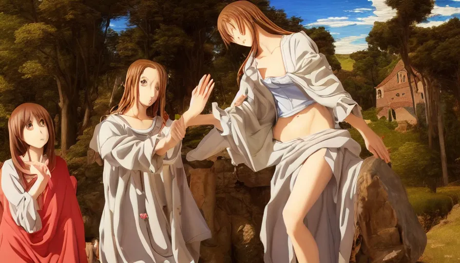 Image similar to jesus christ our lord and savior blessing a cute anime girl, photorealistic, anime, mini skirt, renaissance painting, hyper real, detailed, wide angle shot