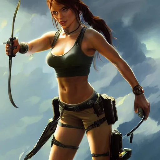 Image similar to ultra realistic illustration, bella thorne as lara croft, intricate, elegant, highly detailed, digital painting, artstation, concept art, smooth, sharp focus, illustration, art by artgerm and greg rutkowski and alphonse mucha