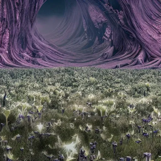 Prompt: datura stramonium planet eerie but beautiful landscape with lifeforms created from datura hallucinations hyper detailed, ultra realistic, cinematic lighting 8 k, high quality image, photography style of mucha