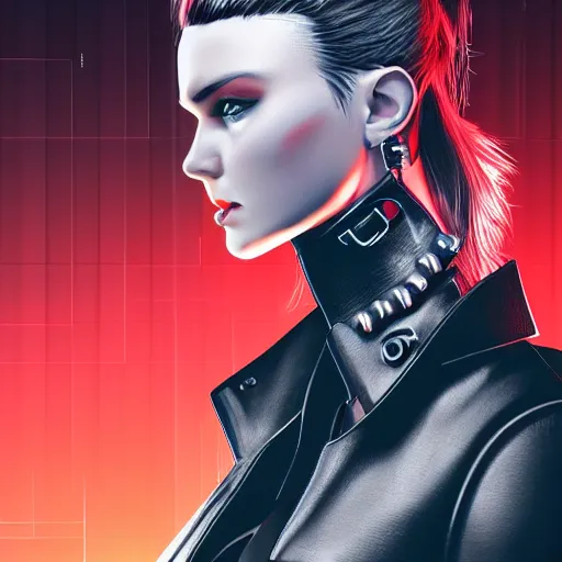 Prompt: realistic digital artwork of cyberpunk female wearing thick leather and steel collar, 4K, red highlights, symetrical,