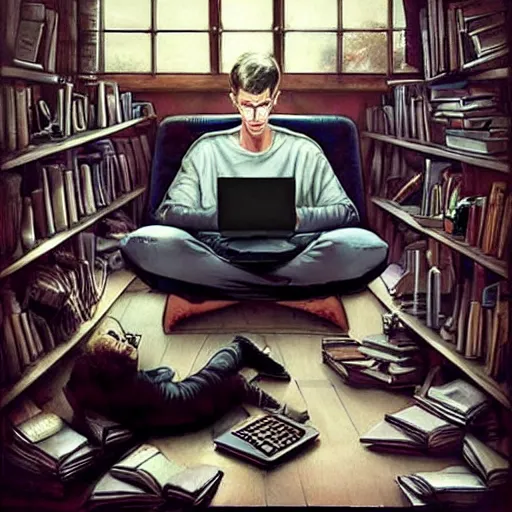 Prompt: a skinny computer nerd guy sitting on the floor of his room, crossed legs, laptop, smartphone, video games, tv, books, potions, jars, shelves, knick knacks, tranquil, calm, sparkles in the air, magic aesthetic, fantasy aesthetic, by stanely artgerm, tom bagshaw, arthur adams, cane griffiths, trending on deviantart, street art, face enhance, chillwave, maximalist