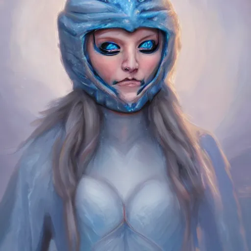 Image similar to art, bandit from ‘ icewind dale ’ and ‘ icewind dale heart of winter ’, with a frost blue gem mask lined with copper, ‘ icewind dale 2 ’ profile portrait by ‘ justin sweet ’, falling snow, soft focus, illustration, oil paint, trending artstation