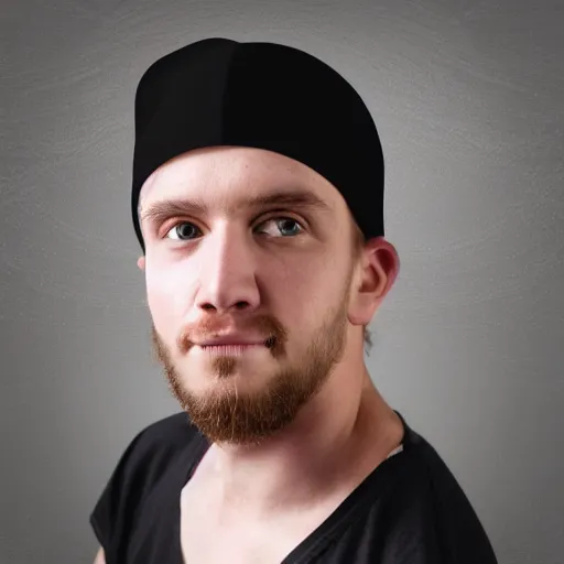 Prompt: close-up a 25 year old man wearing a black winter hat and a orange jail inmate tshirt, inside a underground facility, blue eyes, hideous, side lighting