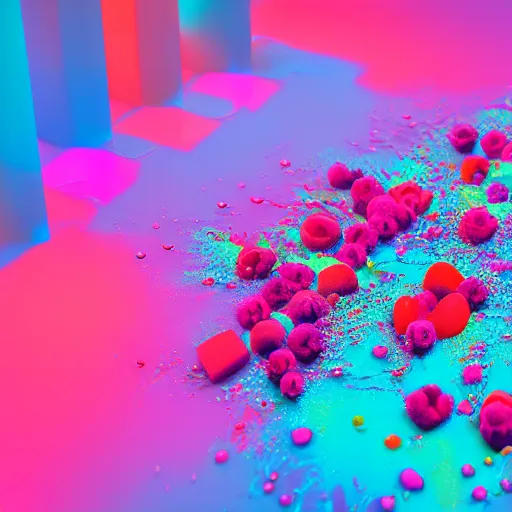 Image similar to raspberry, blueberry, vanilla smoothie explosion, intricate complexity, inverted neon rainbow drip paint, trending on art station, photoreal, 8 k, octane render