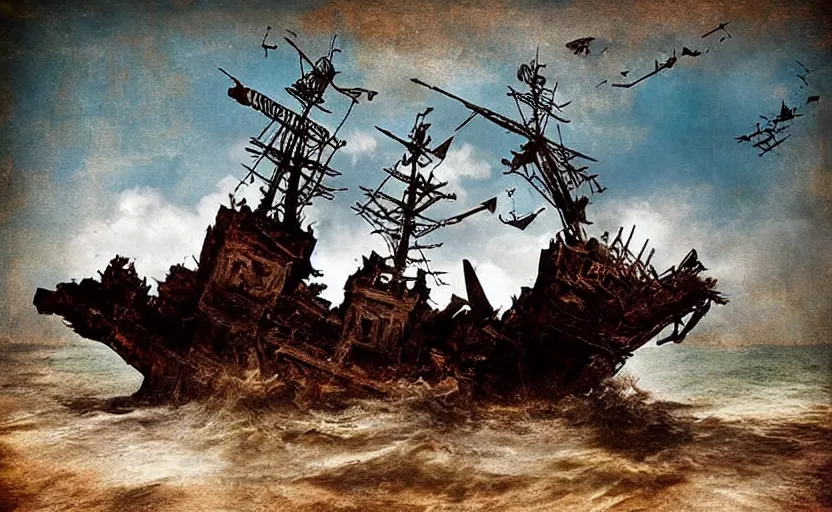 Prompt: “Pirate ship wreck falling from the sky, digital art, cinematic, award winning”