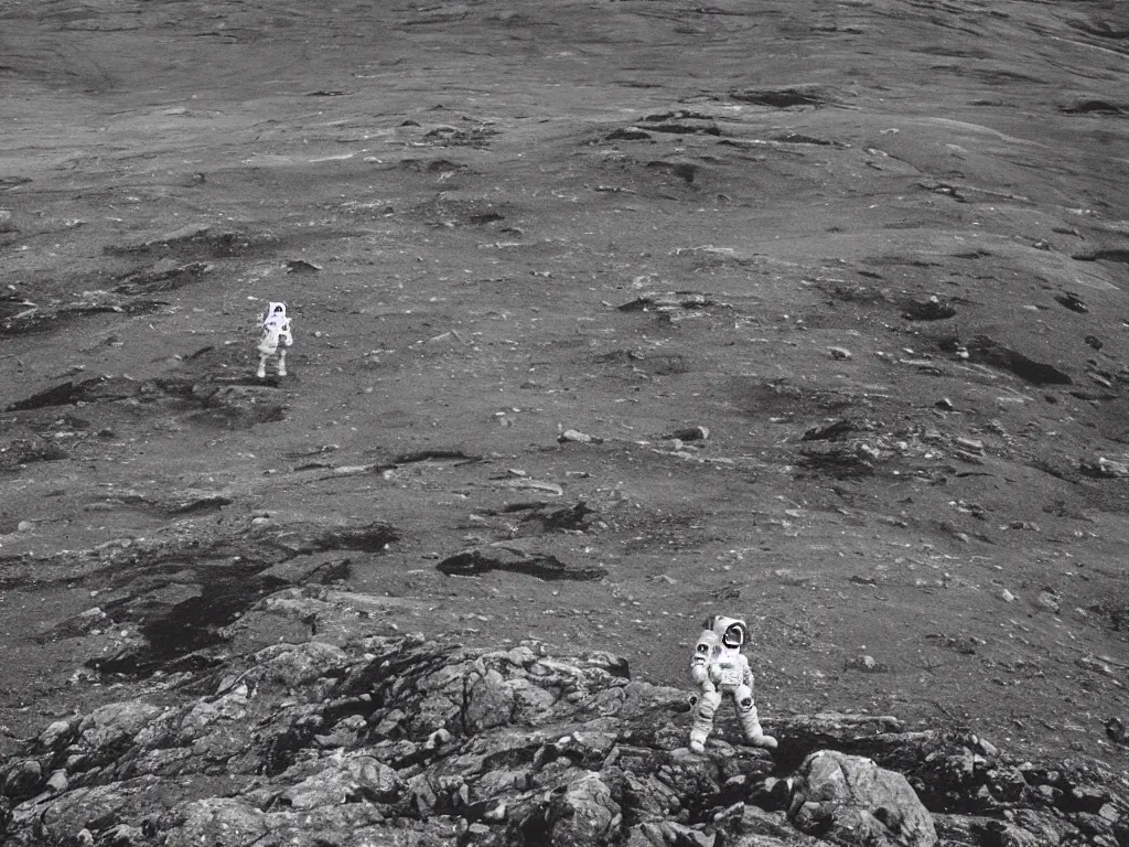 Image similar to tourist astronaut visiting the Isle of Harris, Scotland, a spaceship in the background, 35 mm lens, large format camera, photorealistic