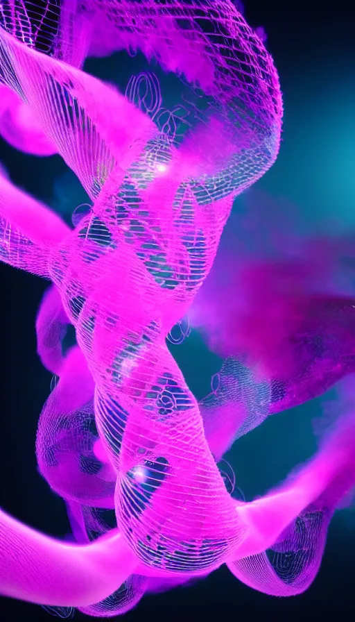 Image similar to 8 k uhd houdini recursive dna structure, background radiant swirling smoke wisps, dreamy colors, magical volumetric lighting, 1 8 mm lens