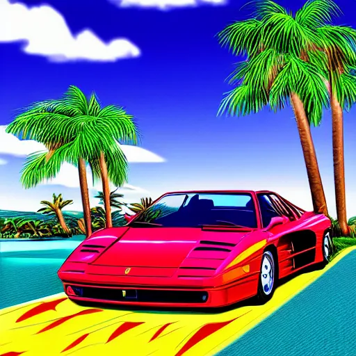 Prompt: digital art profile picture of a duck driving a ferrari testarossa under palm trees, vaporwave, trending on artstation, 4 k, highly detailed, simply great