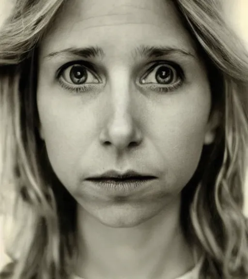 Image similar to award winning photo of Sarah Chalke, symmetrical face by Sally Mann