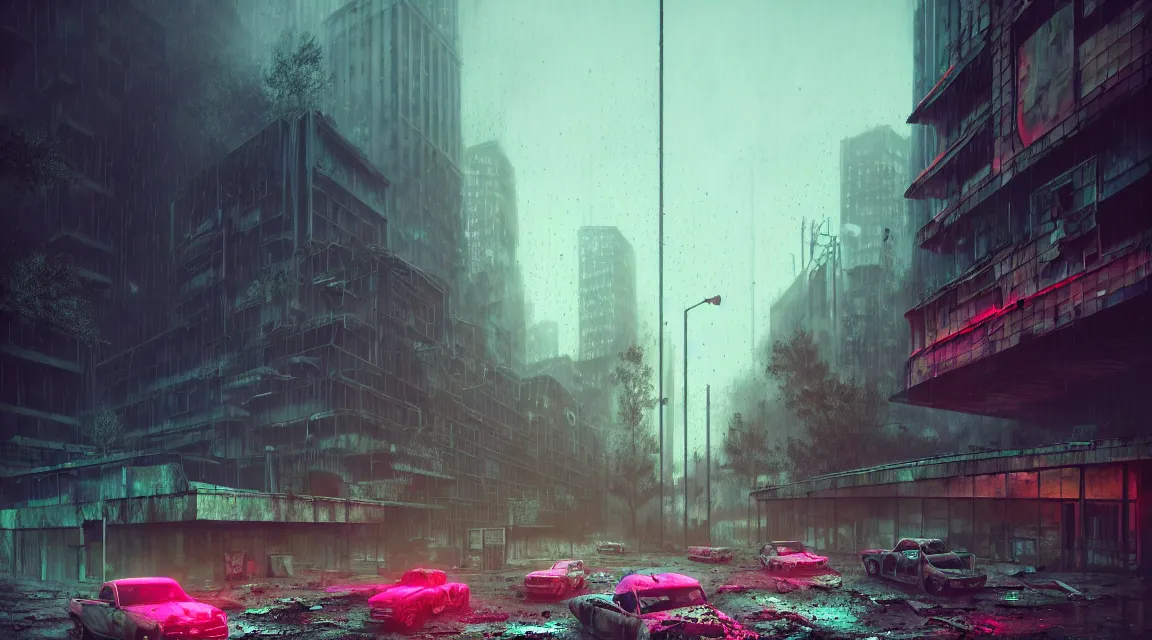 Image similar to post apocalyptic city building, raining, building, avenue, modern contemporary urban americana concrete architecture, by pascal blanche, neil blevins, neon color scheme, trending on artstation, photorealistic, neon ambiance, ultra detailed, high definition, depth of field, bokeh, wild vegetation, blood stains, crumbling, post - apocalyptic warriors