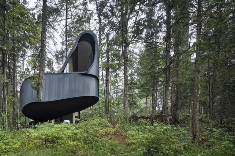 Prompt: a large modern cabin sitting on detritus, with curved shapes and ergonomic design, lush foliage