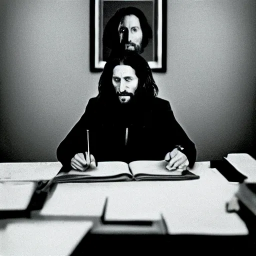 Prompt: Annie Leibovitz portrait of Jesus Christ behind executive desk 35mm, black and white, portrait,