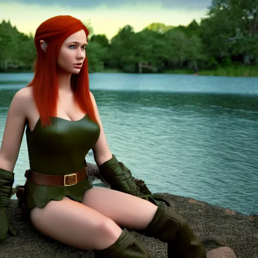 Prompt: beautiful female redhead elf warrior wearing olive green leather, sitting next to a beautiful lake at sunset, enjoying the wind, looking at the water. 8 k ultra realistic, award winning, unreal engine 5, masterpiece, atmosphere glow, hyperrealistic, focused, extreme details, cinematic