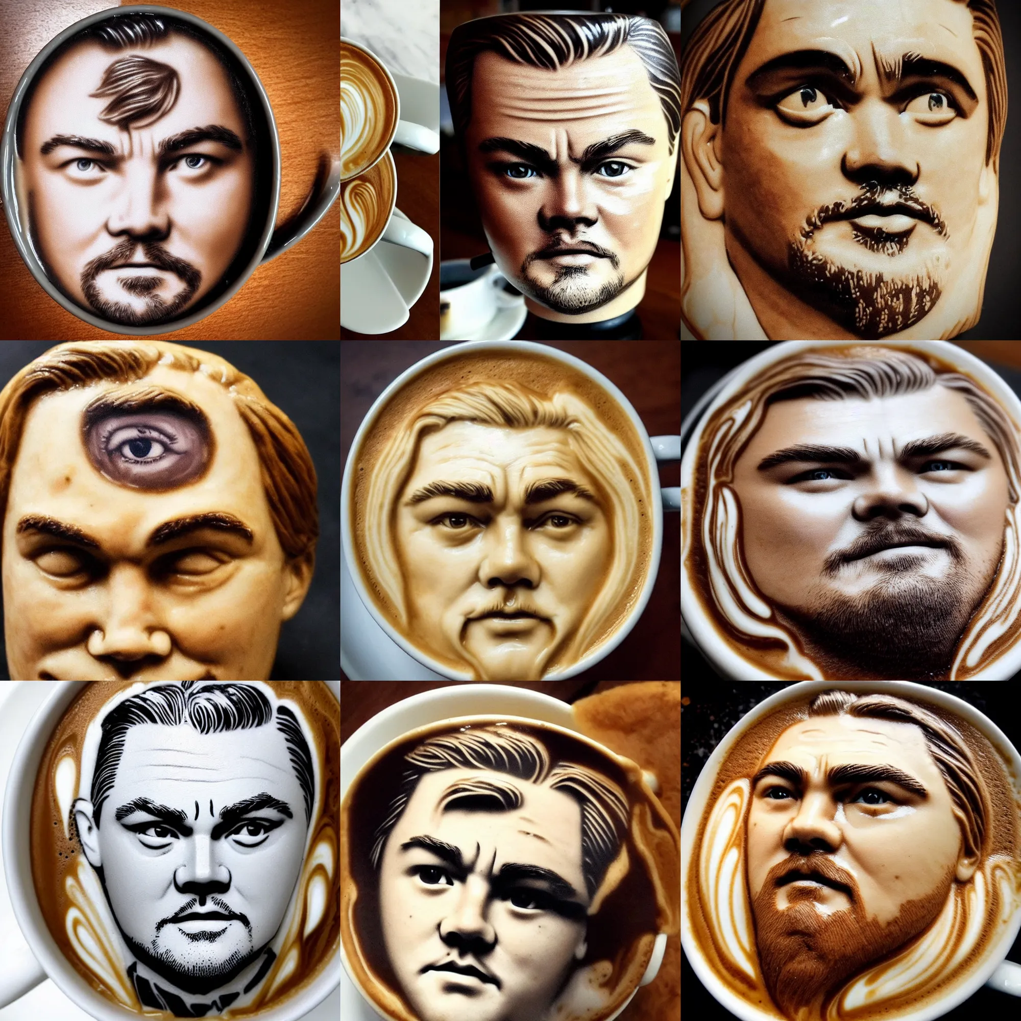 Prompt: latte art with the face of leonardo dicaprio, leonardo dicaprio's face, barista art, creamy, coffee, isometric macro shot, high detail photo, close up, cute, adorable