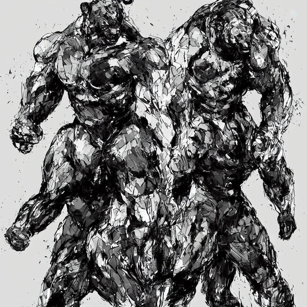 Image similar to large half bear half african man, in the style of yoji shinkawa