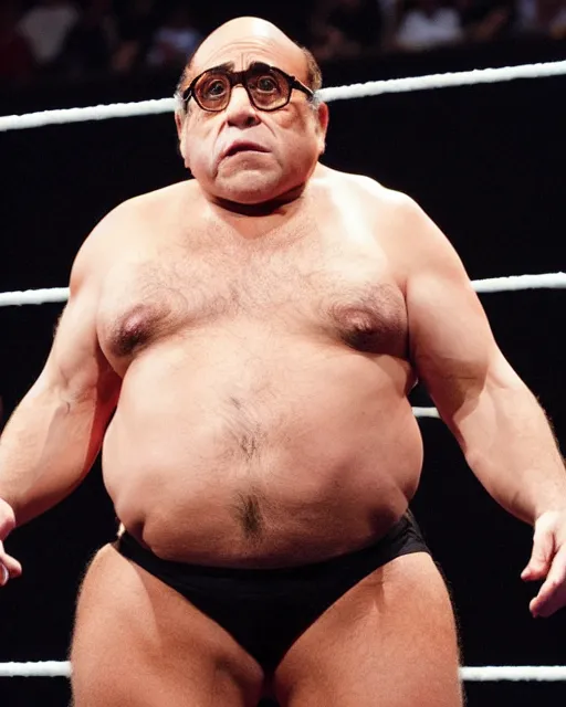 Image similar to danny devito as a wwe wrestler. photographic, photography