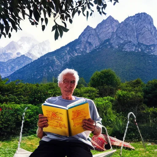 Image similar to my older italian wise friend on a hammock, reading new book, gravity is strong, he is very relaxed, snug legs, mountains in a background