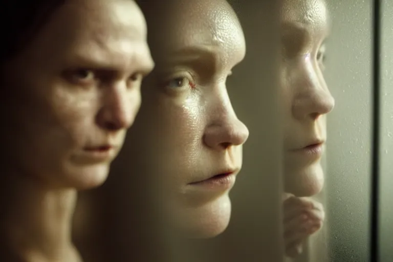 Image similar to an ultra realistic, cinematic, fantasy, portrait, of a woman, face in mirror, fire, dramatic, soft light, dreamy, facial features, stood in a cell, with prison clothing, detailed, deep focus, movie still, dramatic lighting, ray tracing, by michal karcz and yoshitaka