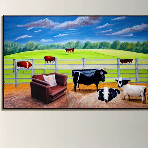 Image similar to interior view of modern futuristic farm barn architecture and interior design showing cows! laying down on sofas and pigs! and chickens! sitting in lounge chairs, wall art, throw pillows, areas rugs, feed troughs, hay, detailed luminescent oil painting 4 k