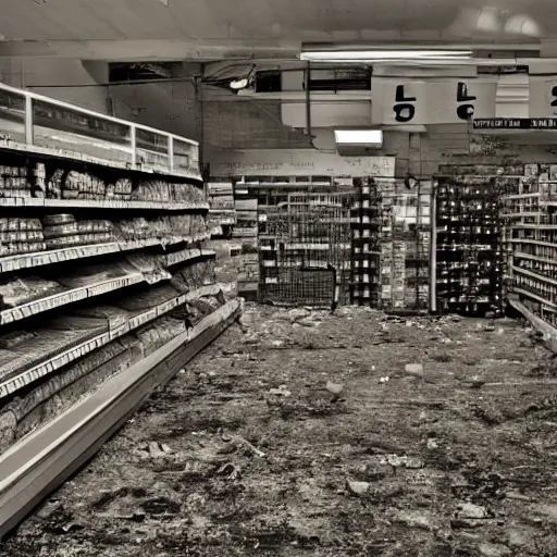 Image similar to a ransacked grocery store, broken signs, filthy flooring. Vines growing. Award-winning photo. OM system 12–40mm PRO II 40mm, 1/100 sec, f/2 8, ISO 800