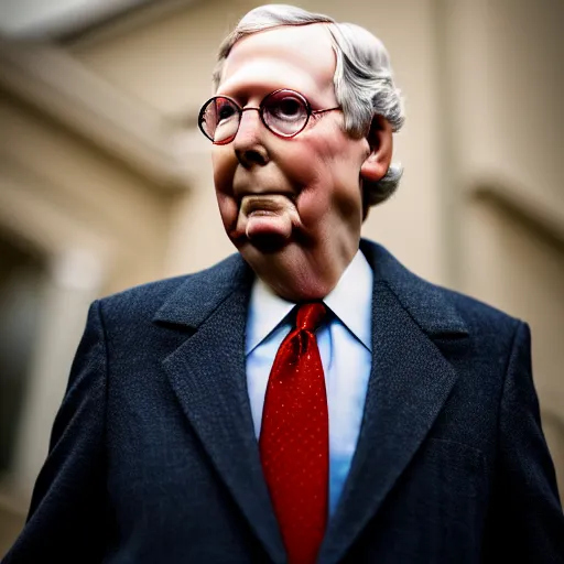 Prompt: photograph portrait of Mitch McConnell, creepy, sigma 85mm f/1.4, 4k, depth of field, high resolution, 4k, 8k, hd, full color