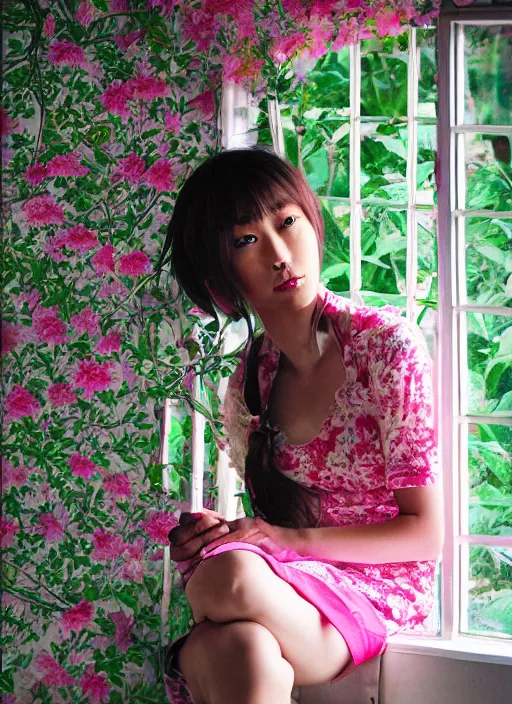 Prompt: photography girl looking sitting next to window by mika ninagawa