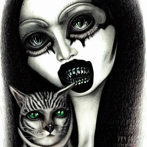 Image similar to portrait of a beautiful woman, gothic, cat eyes, high detail, illustration by h. r. giger