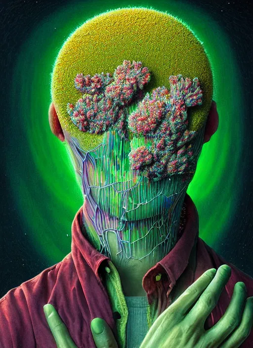 Prompt: hyper detailed 3d render like a Oil painting - serious portrait of Hank Green in Aurora (Singer) seen Eating of the Strangling network of yellowcake aerochrome and milky Fruit and Her delicate Hands hold of gossamer polyp blossoms bring iridescent fungal flowers whose spores black the foolish stars by Jacek Yerka, Mariusz Lewandowski, Houdini algorithmic generative render, Abstract brush strokes, Masterpiece, Edward Hopper and James Gilleard, Zdzislaw Beksinski, Wolfgang Lettl, hints of Yayoi Kasuma, octane render, 8k