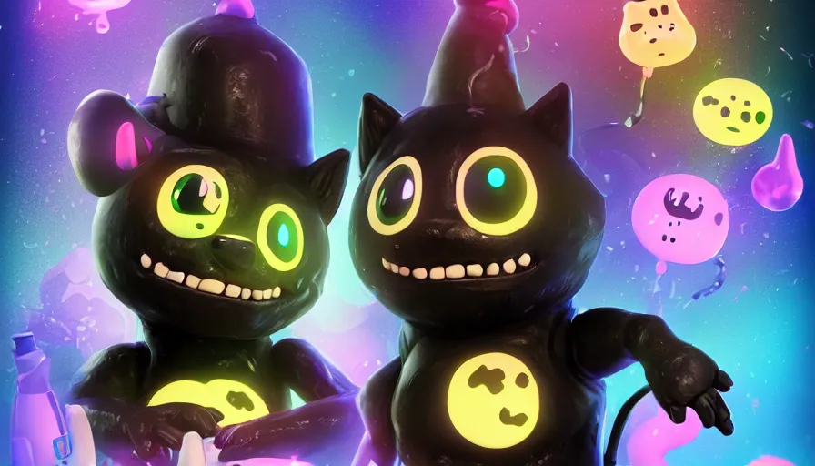 Image similar to a digital art portrait of black slime cat character design from five nights at freddy, cute liquid ink cat character sheet, 4 k, ultra detail, volumetric lighting, unreal engine, octane render