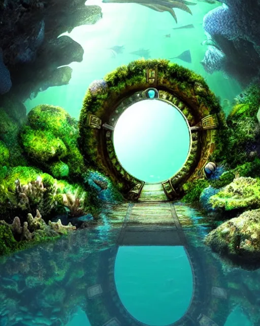 Image similar to underwater otherworldly stargate, entrance to atlantis populated sealife, moss, rocks, epic scenery, far, starry gate photorealistic