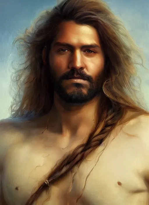 Prompt: portrait painting of a 3 0 years old rugged masculine muscular indigenous aboriginal male carefree, long long hair soft hair flowing hair crimson hair upper body only chest hair long coat elegant rugged handsome unreal render cinematic lighting art 1 9 2 0 period drama by bussiere rutkowski andreas rocha