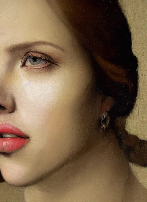 Image similar to portrait of scarlett johansson, oil painting byjohannes vermeer, 1 7 th century, art, oil on canvas, wet - on - wet technique, realistic, expressive emotions, intricate textures, illusionistic detail