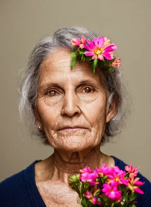 Prompt: portrait of a 6 8 year old woman, symmetrical face, flowers in her hair, she has the beautiful calm face of her mother, slightly smiling, ambient light