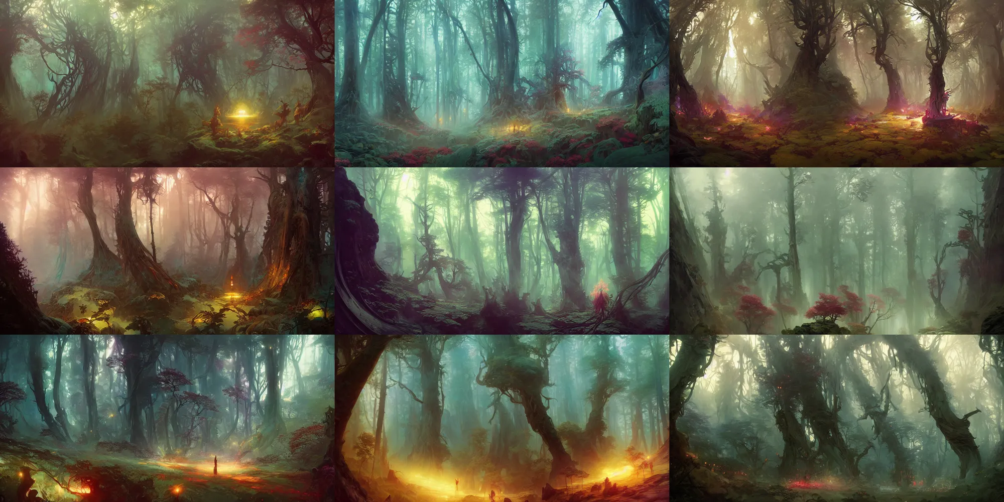 Prompt: mystical forest, fantasy, art by finnian macmanus, ross tran, peter mohrbacher, reza afshar, ivan aivazovsky, marc simonetti, victo ngai, alphonse mucha