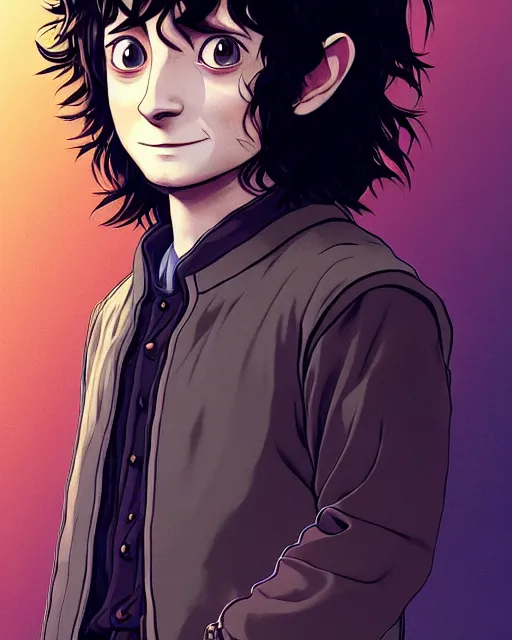 Image similar to portrait Anime joyful Elijah Wood as Hobbit Frodo Baggins; velvet brown jacket, backpack, Shire background || cute-fine-face, pretty face, realistic shaded Perfect face, fine details. Anime. realistic shaded lighting by Ilya Kuvshinov katsuhiro otomo ghost-in-the-shell, magali villeneuve, artgerm, Jeremy Lipkin and Michael Garmash and Rob Rey