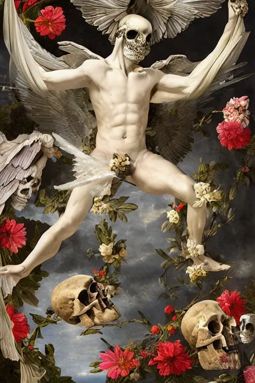 Image similar to A flying icarus reaching for the sun with a skull mask and wings as a Greek sculpture, quartz crystal skull, wreath of flowers and abstract milky quartz eyes, many large flying monster eyes, flowing sakura silk, fabric, flowers. baroque elements, human skull. full-length view. baroque element. intricate artwork by caravaggio. many many birds birds on background. Trending on artstation. halo. octane render, cinematic, hyper realism, octane render, 8k, depth of field, 3D