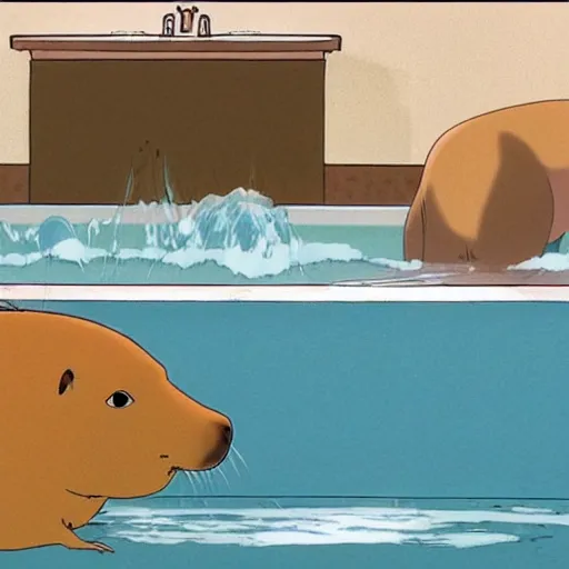 Image similar to the scene of a capybara sitting in a steaming bathtub in the animated movie spirited away by hayao miyazaki, studio ghibli, animated movie, anime, beautiful