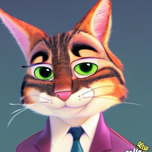 Prompt: portrait of a tabby in the style of the movie Zootopia wearing a pink tuxedo, 4k, digital art, award winning n 4