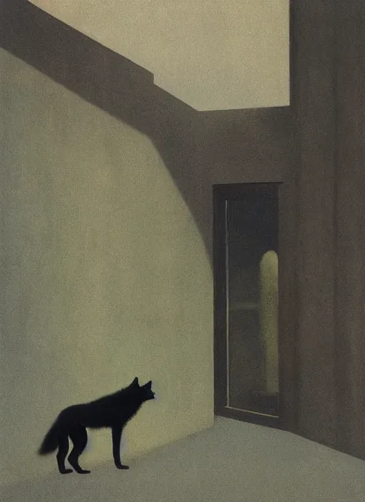 Prompt: woman with on a black wolf on the night street by Edward Hopper and James Gilleard, Zdzislaw Beksinski highly detailed